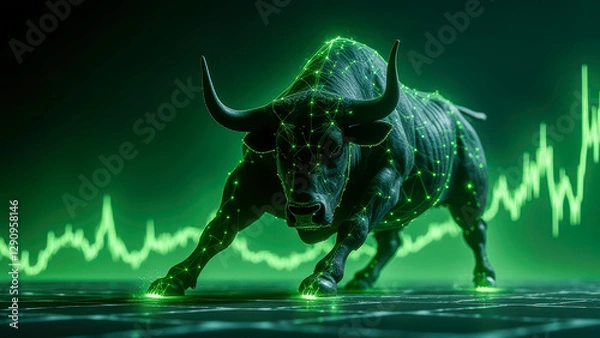 Fototapeta Digital representation of a bullish stock market trend featuring a geometric bull design and glowing green elements with rising graph lines