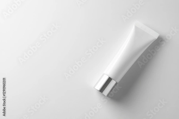 Fototapeta White background, top view of an eye cream tube on the right side of the composition, a white cosmetic bottle with a silver cap