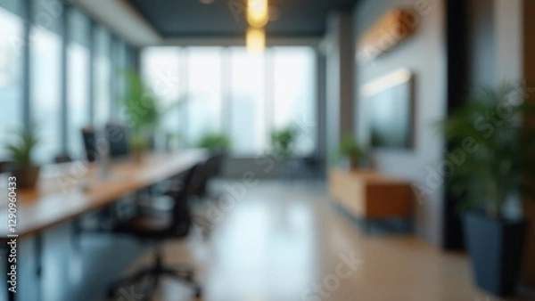 Fototapeta Blurry image of a large office space with a few potted plants