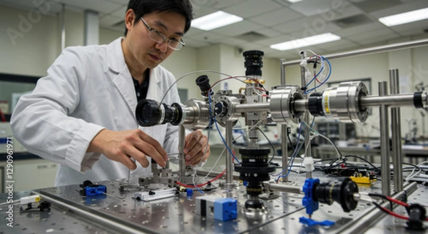 Fototapeta Physicist sets up apparatus complex physics experiment