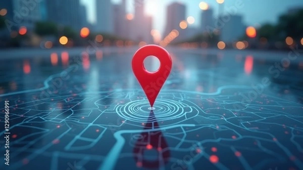 Fototapeta Red pin is on a map of a city