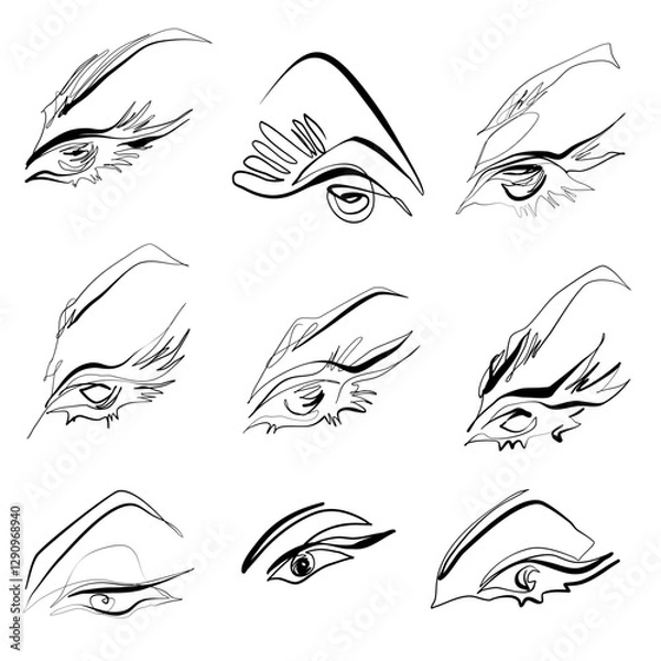 Fototapeta Set of nine black and white minimalist abstract lineart  vector illustrations of female eyes with long lashes