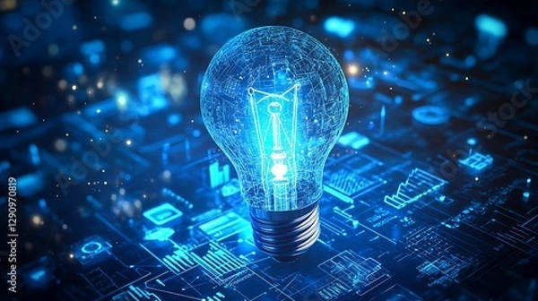 Fototapeta Glowing Light Bulb with Charts and Graphs, A glowing blue light bulb surrounded by various charts and graphs