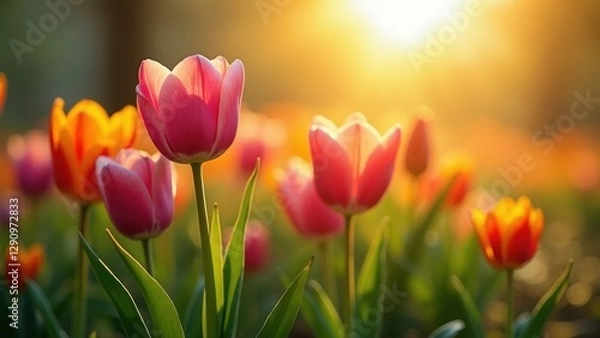 Obraz Field of pink and orange tulips with the sun shining on them