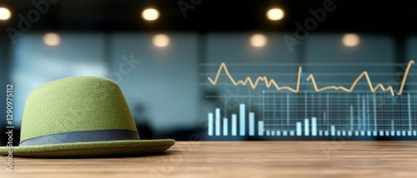 Fototapeta Green bowler hat on wooden desk with business charts in background