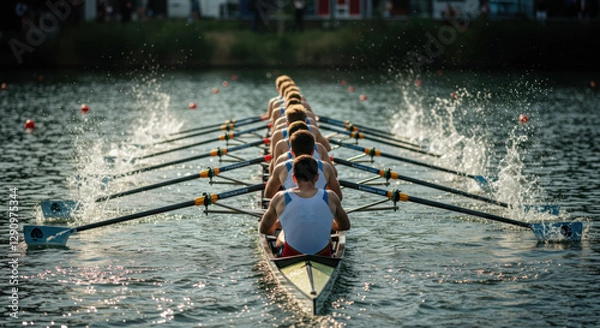 Fototapeta Rowing oars synchronized team boat water movement