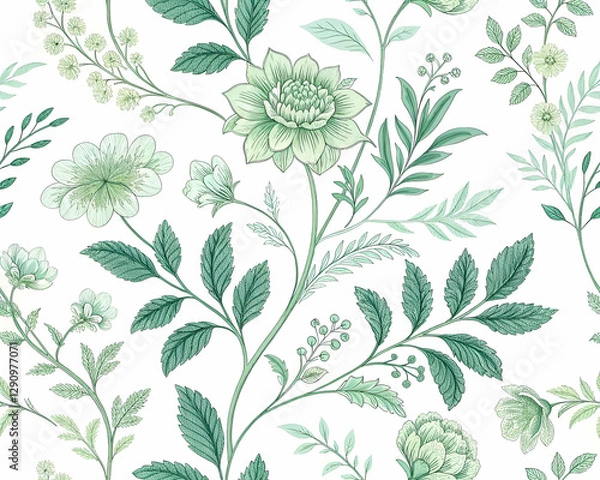 Fototapeta Delicate hand-drawn green plant pattern with vintage botanical elements, creating a clean and minimal organic wallpaper.