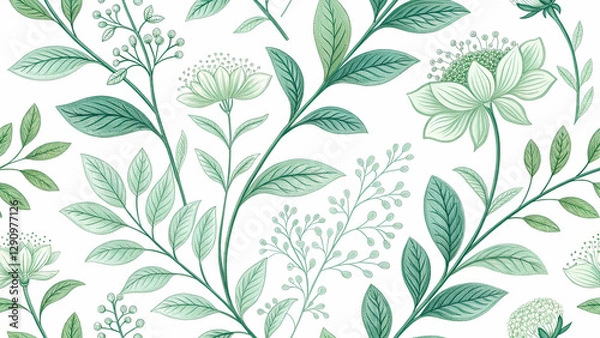 Fototapeta Delicate hand-drawn green plant pattern with vintage botanical elements, creating a clean and minimal organic wallpaper.