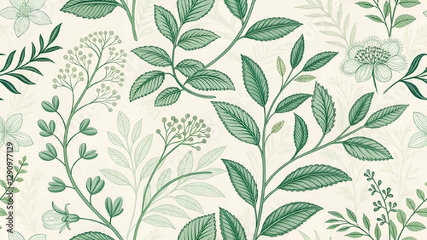 Fototapeta Delicate hand-drawn green plant pattern with vintage botanical elements, creating a clean and minimal organic wallpaper.
