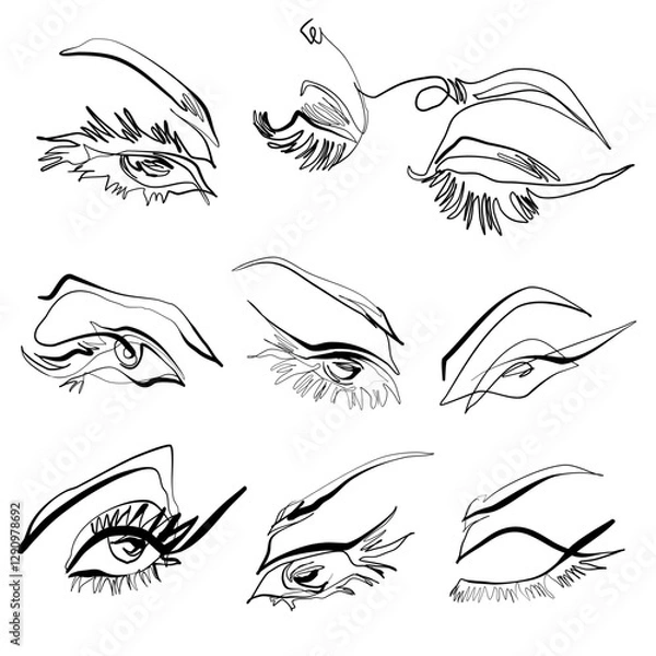 Fototapeta Set of eight black and white minimalist abstract lineart  vector illustrations of female eyes with long lashes
