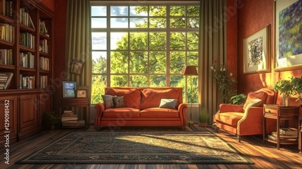 Fototapeta Cozy Living Room with Large Windows Overlooking a Lush Garden