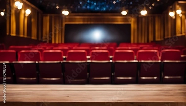 Fototapeta Wooden table with blurred background of movie theater. Generative ai