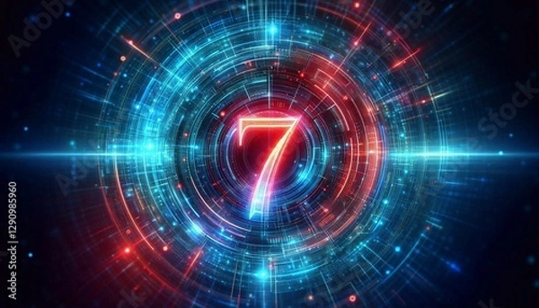 Fototapeta Glowing futuristic blue and red digital number 7 on abstract background. Concept of luck, big win and jackpot in casino