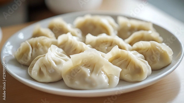 Fototapeta A plate of freshly steamed dumplings with a glossy sheen