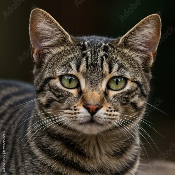 Fototapeta Close-up Photograph of a Tabby Cat with Striking Green Eyes Perfect for Pets and Animals Blogs
