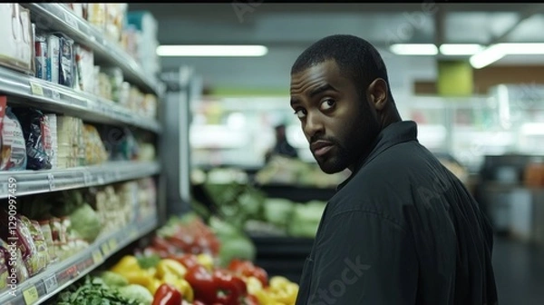 Obraz Thief alert at a supermarket, cashier noticing suspicious shopper. Featuring quick response and grocery protection