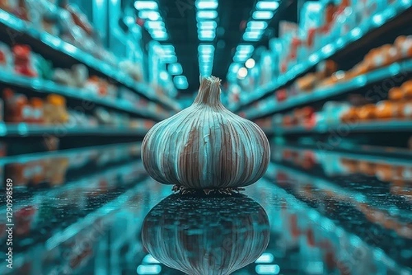 Fototapeta Single Garlic Bulb in Supermarket Aisle Reflection