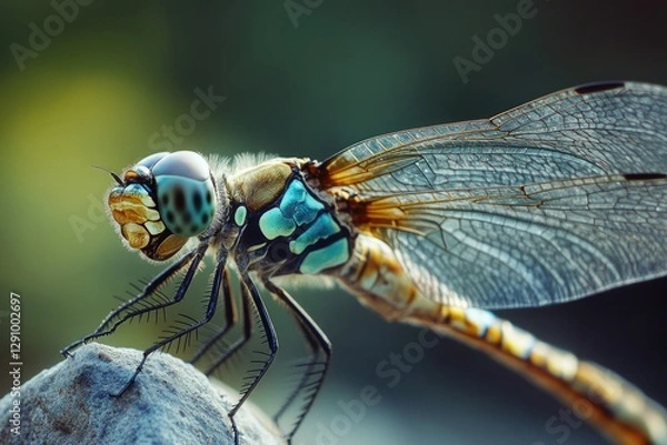 Fototapeta A dragonfly perches on top of a rock, its iridescent wings glistening in the sunlight