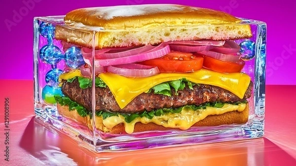 Obraz a high-resolution photo of Gourmet burger served in a transparent cube plate with molecular elements. isolated on color background, photorealistic, ultra-sharp focus, clear details, studio lighting,
