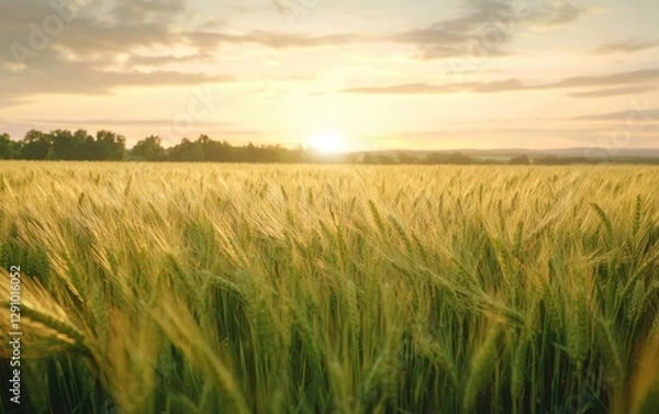 Fototapeta Sunlit wheat field stretching to the horizon in spring warmth