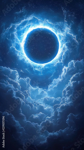 Fototapeta Circular ring of light with a soft glow, positioned in a blue sky above a layer of cumulus clouds.