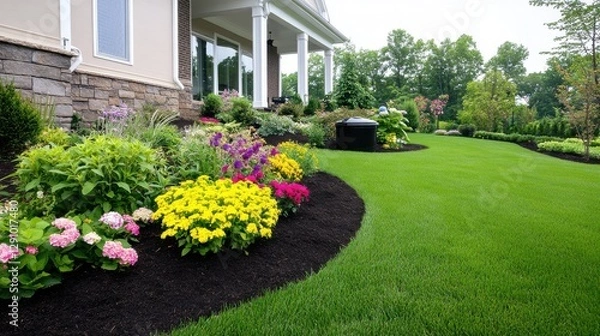 Fototapeta Serene garden filled with vibrant flowers and lush greenery in a tranquil outdoor space