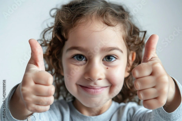 Obraz Smiling child showing thumbs up gesture with joyful expression on white background

