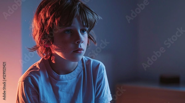 Obraz Thoughtful boy sitting alone in moody lighting during a quiet evening at home