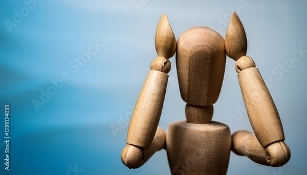 Fototapeta 悩みで頭を抱えるジェスチャーをする木製の人形。AIで生成