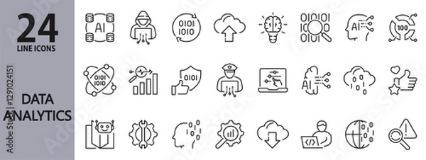 Fototapeta Data Analytics line icons set with Data, Analysis, Security, Cybersecurity, Database, Chart, Network and more. Editable Stroke