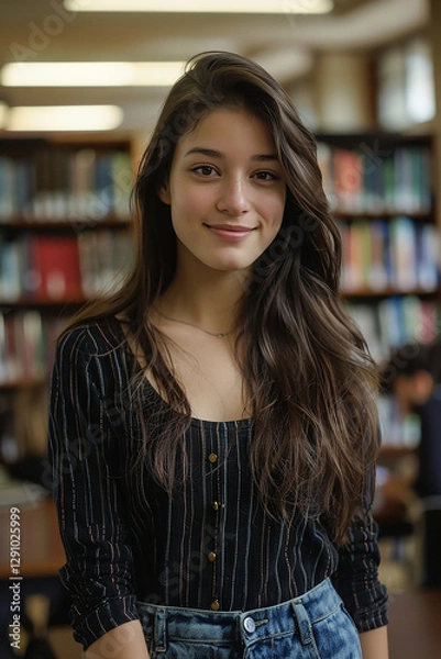 Obraz Smiling young woman in library with bookshelves in the background