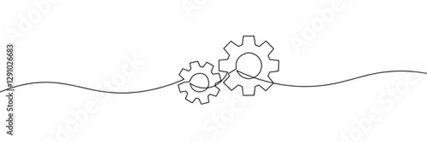 Fototapeta Simple continuous line drawing of two interlocking gears in a minimalist style. One line icon. Continuous line two interlocking gears icon. Vector illustration.