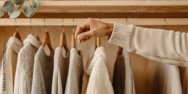 Fototapeta Soft textures and neutral colors create a serene atmosphere in a well-organized closet, highlighting modern design principles and simplicity in fashion storage