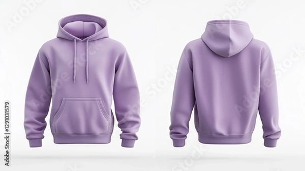 Fototapeta light purple hoodie, presented in two views (front and back), displayed on a pure white background; the hoodie's material appears soft, with a consistent, plain, Lavender color