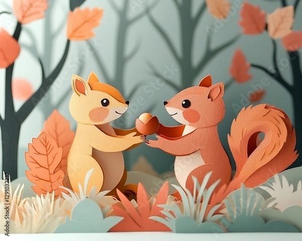 Fototapeta Paper squirrels sharing autumnal nut in forest