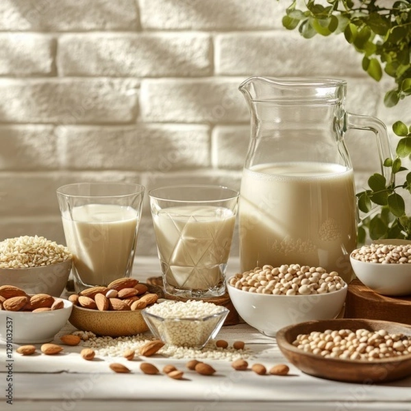 Fototapeta Fresh Plant-Based Ingredients Featuring Milk Alternatives, Nuts, and Seeds on Wooden Table Surrounded by Natural Light and Greenery