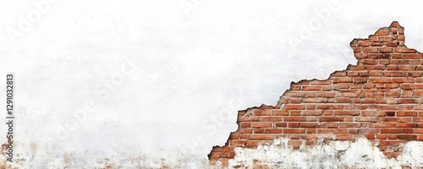 Fototapeta Weathered Brick Wall with Distressed Paint and Exposed Structure in Urban Setting