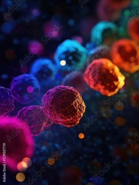 Fototapeta Microscope view of bioengineered cells glowing in different colors, breakthrough biotech research