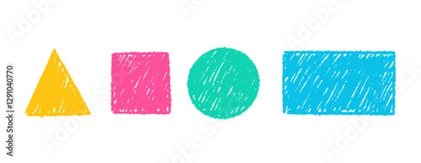 Fototapeta Set of simple colorful geometric shapes with crayon pencil. Circle, square, triangle and rectangle. Vector texture illustration