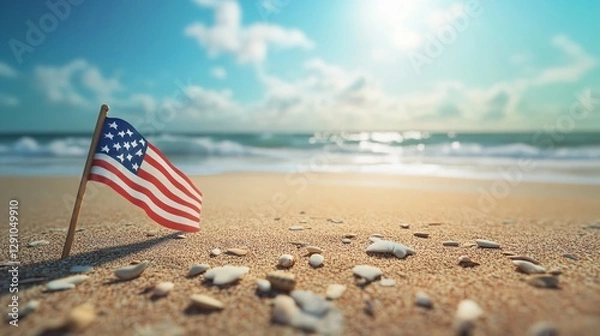 Fototapeta American flag on sandy beach during Memorial Day celebration by the ocean.