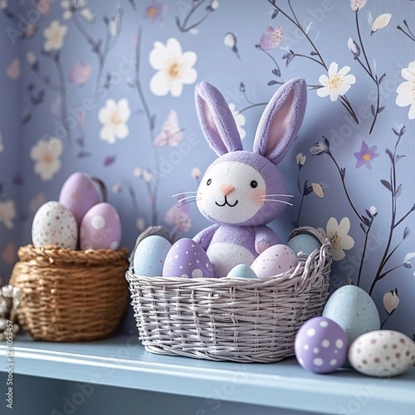 Fototapeta Easter decorations, children's toy rabbit, Easter eggs, lilac interior