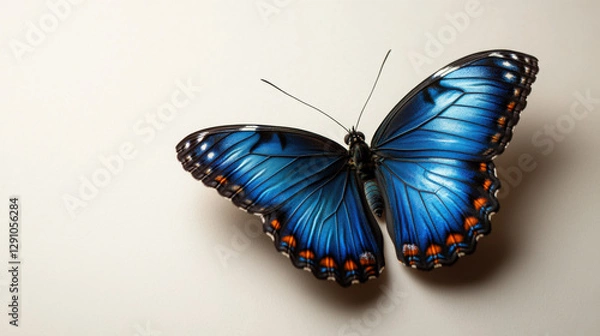 Fototapeta Vibrant Close-Up of a Stunning Blue Butterfly Resting on a Smooth Neutral Surface