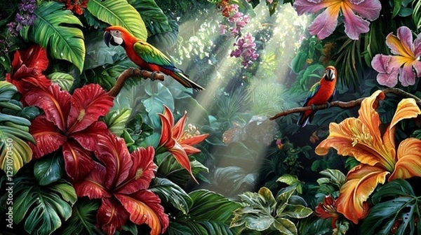 Fototapeta Two Macaws in a Lush Tropical Rainforest with Sunlight Streaming Through