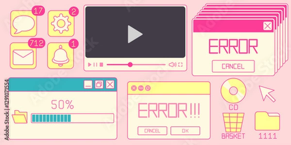 Obraz Retro internet window elements - pink and yellow computer interface with CD icon, folder, basket, video player controls, notification badges, profile menu, error message, loading progress bar.