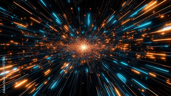 Fototapeta Dynamic Cosmic Burst: A mesmerizing display of vibrant orange and teal energy streaks, radiating outward from a central point against a dark background.