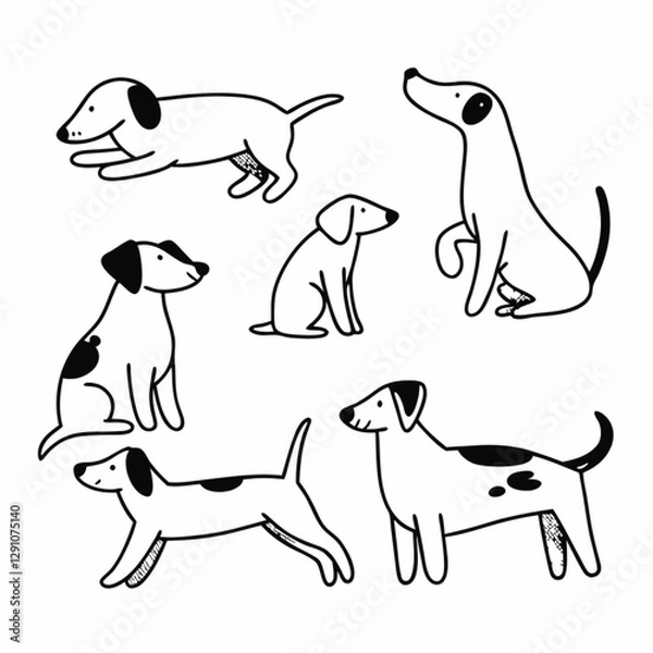 Fototapeta Minimalist dog sketches, black and white line drawings, simple canine outlines, various dog poses, playful dog illustrations, sparse artistic style, clean graphic design, hand-drawn dog silhouettes