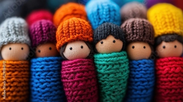 Obraz A delightful collection of handcrafted dolls wrapped in colorful knitted hats, showcasing creativity and artistic craftsmanship, each one reflecting unique personality and charm.
