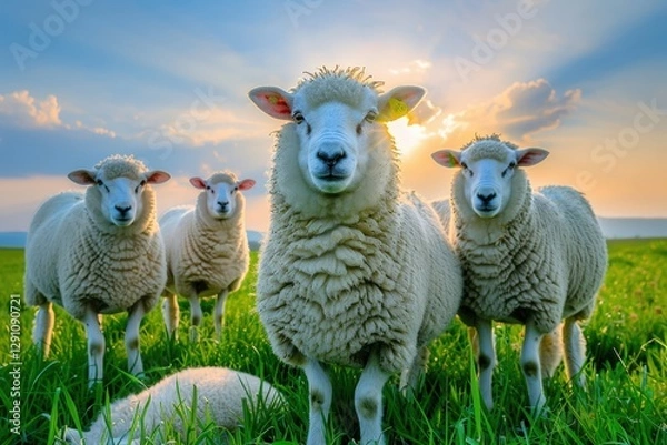 Fototapeta A serene scene featuring a group of sheep in a lush green field, bathed in warm sunlight against a picturesque sky.