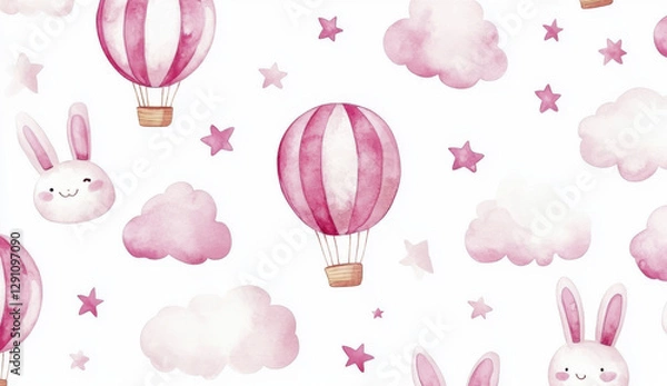 Fototapeta Watercolor hot air balloons, clouds, and stars create whimsical pattern featuring cute bunnies. This charming design evokes sense of joy and adventure