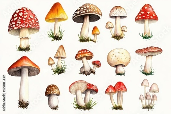 Fototapeta Charming hand-drawn mushroom sketches featuring vibrant species like fly agaric and blewit for nature lovers and botanical illustration aficionados